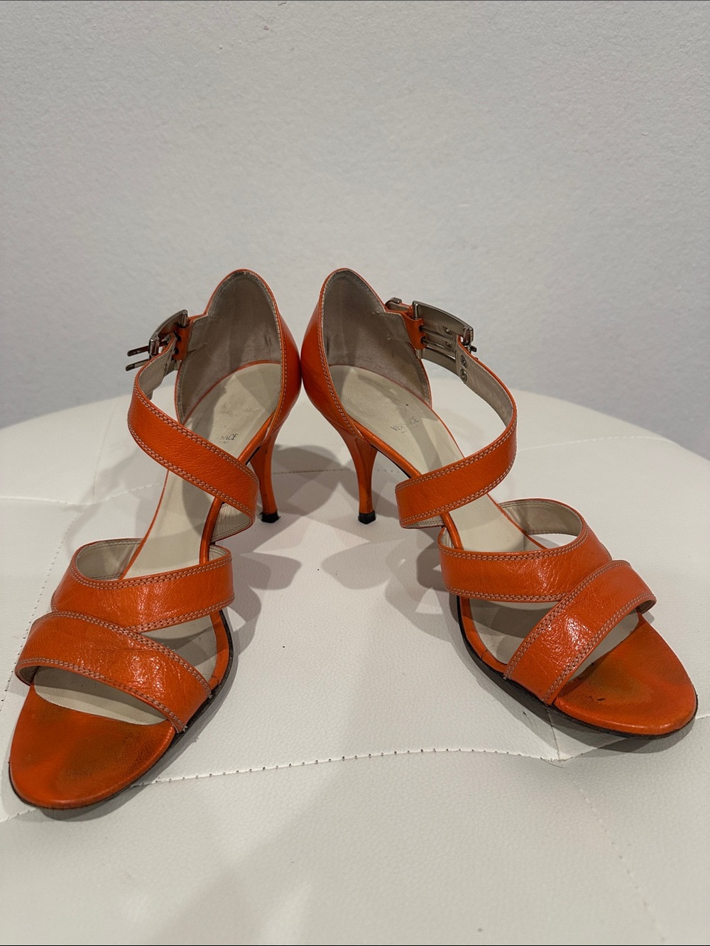 Authentic Versace Orange Leather Strappy Heels Sandals